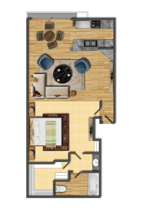Floor plan for studio, 1 bath, 625 sqft